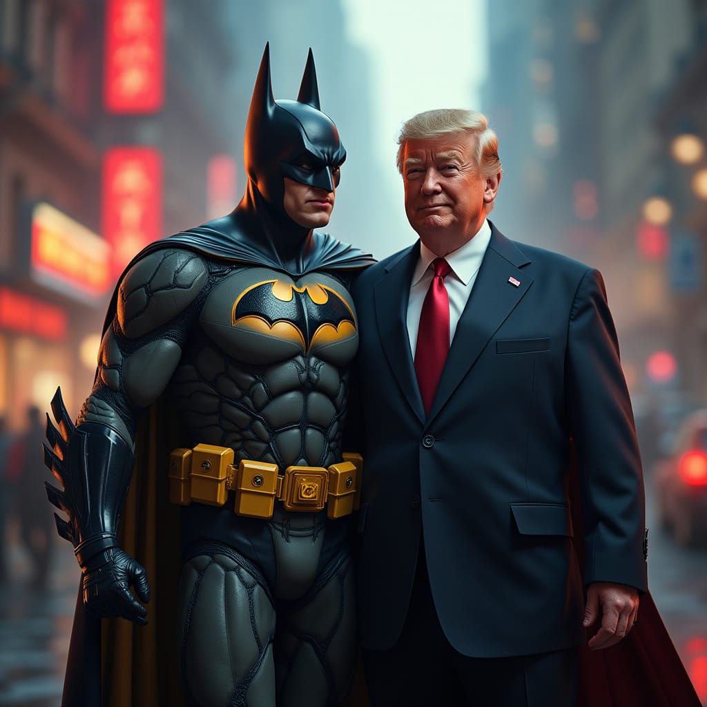 Batman and Robin in a Fantastical Realm with Global Leaders
