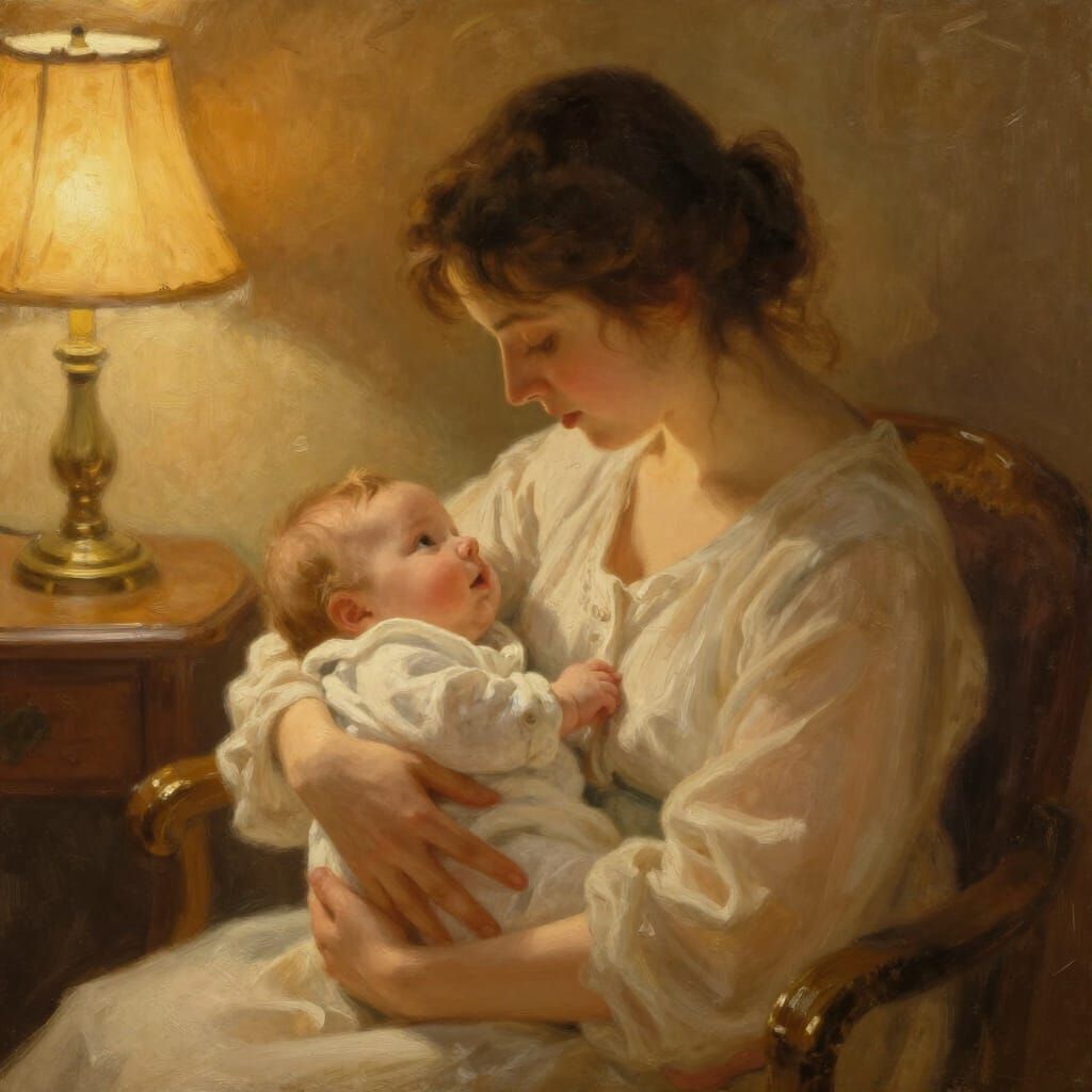 Mother and Baby in Cozy, Warm Room - Impressionistic Style