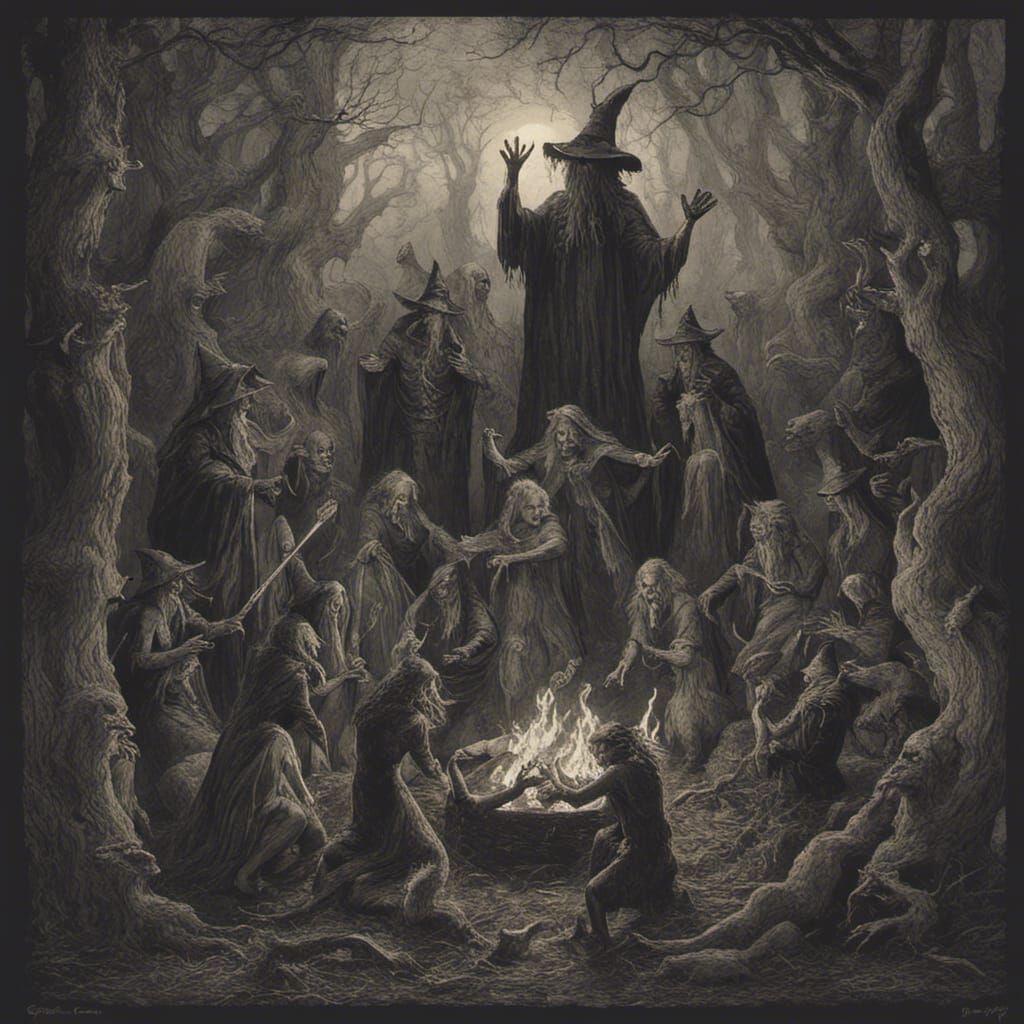 A coven of witches dance around a fire