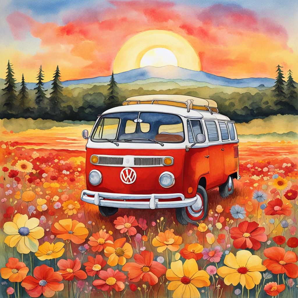 Vibrant Watercolor VW Bus in Idyllic Flower Meadow at Sunset