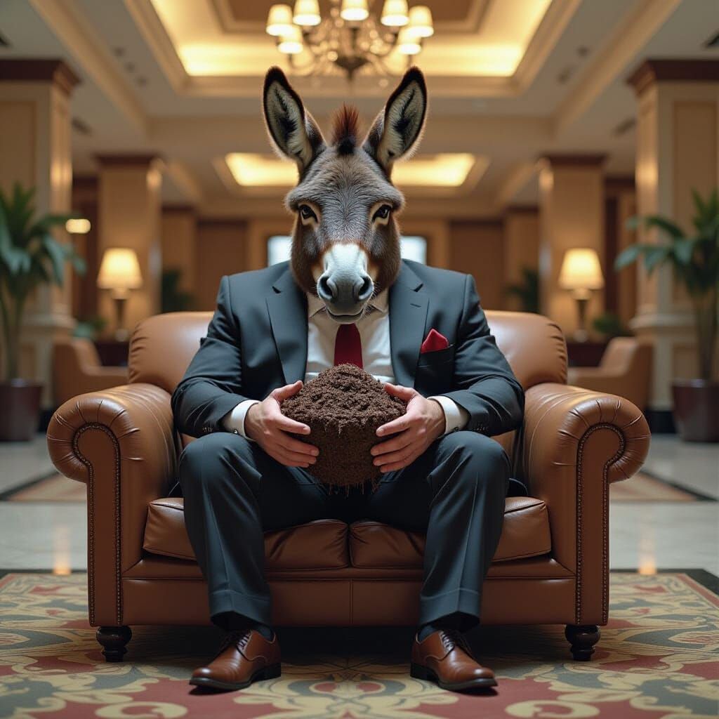 Hybrid Donkey-Hulk in Dystopian Lobby Art