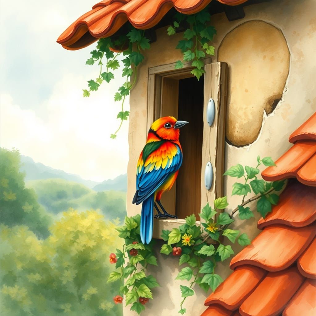 Bird in Whimsical Cottage Setting