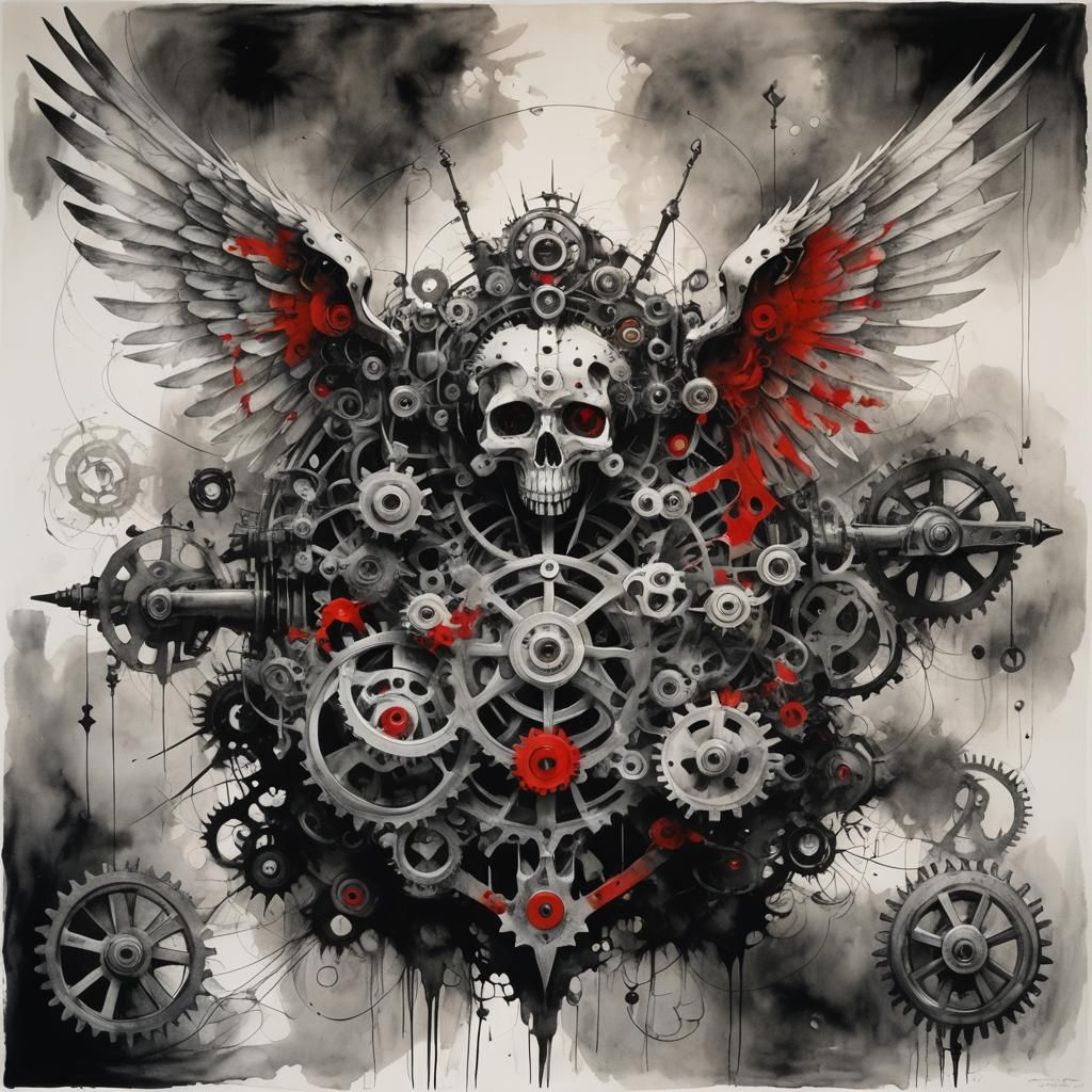 Mechanical Angel in Noir and Red Watercolours