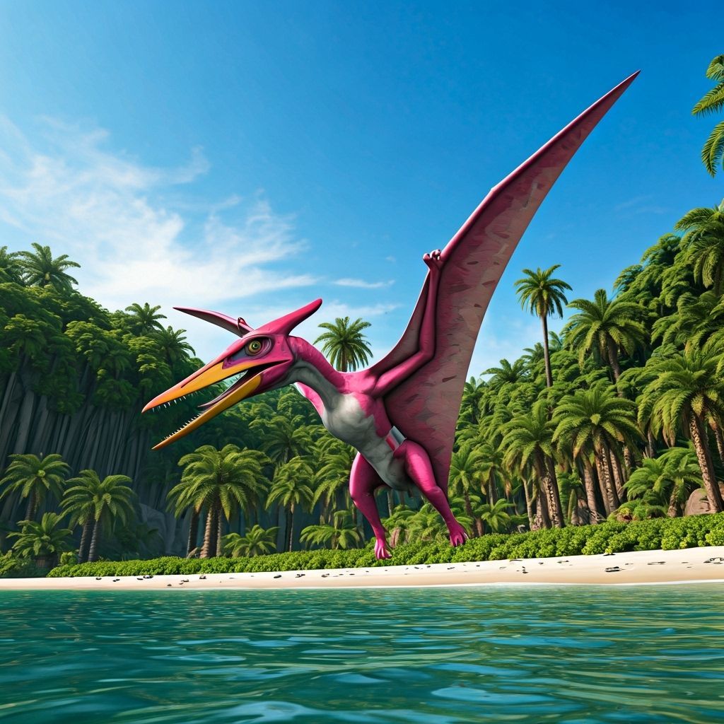 Pink Pterodactyl Soaring Over Jungle Coastline