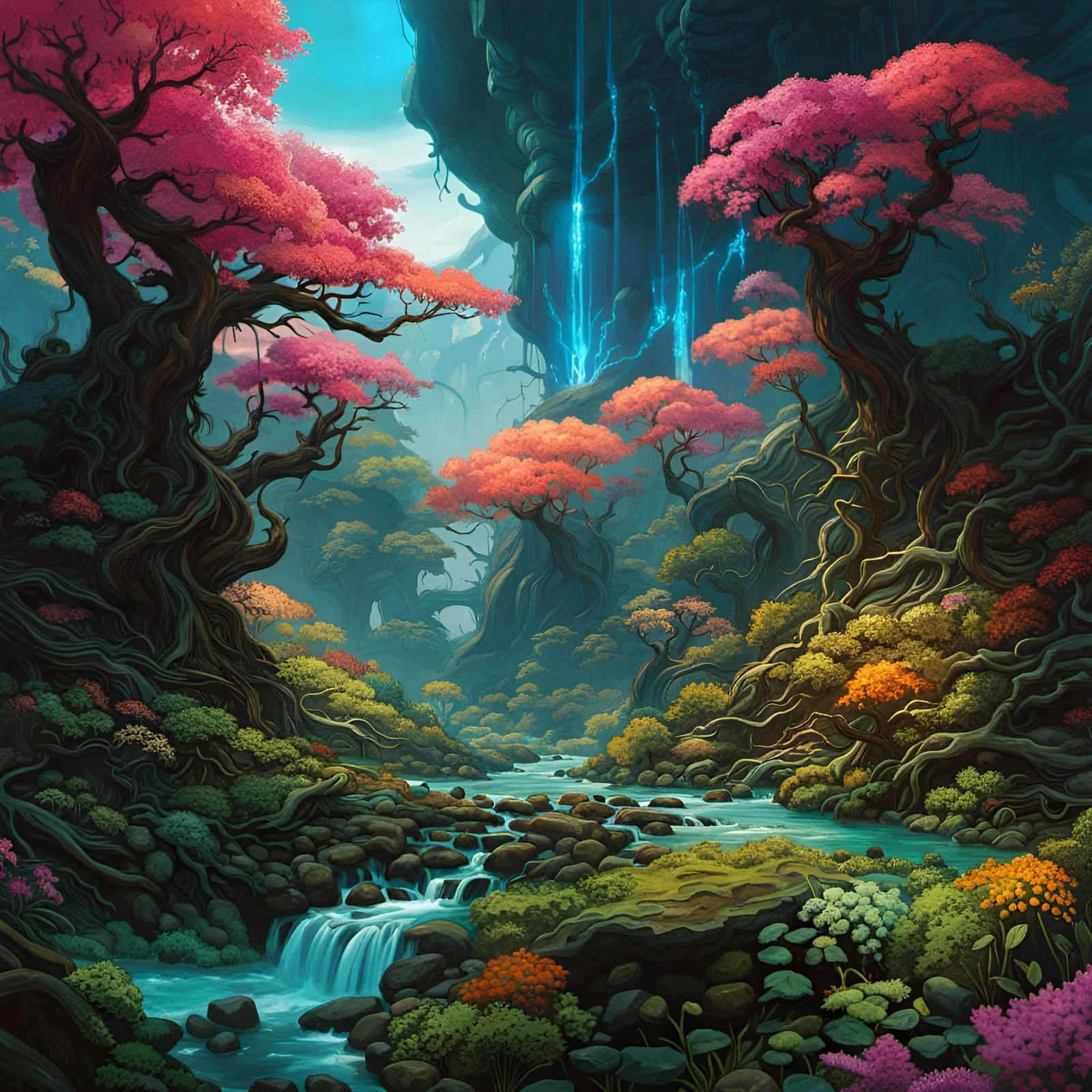 Ethereal Bioluminescent Valley in Vibrant Triadic Hues