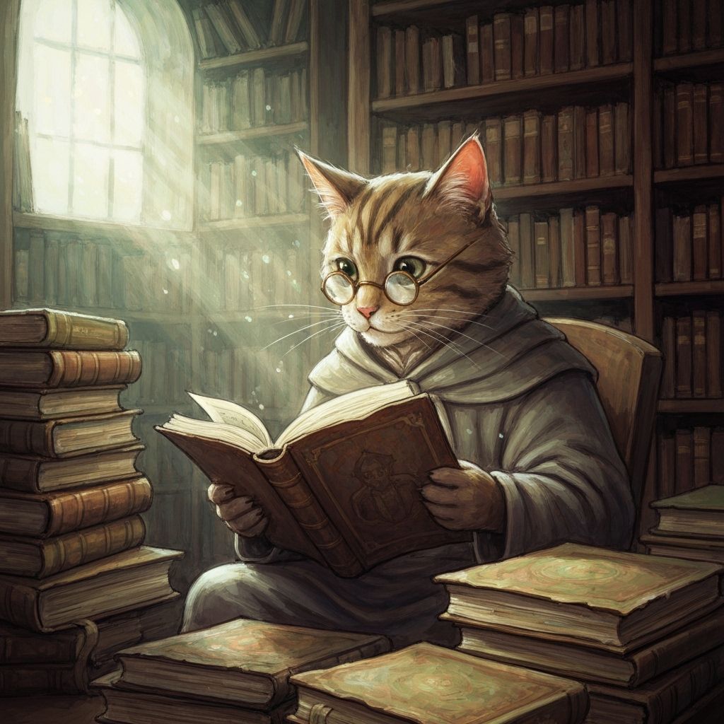 Anthropomorphic Cat Scholar in Ethereal Library
