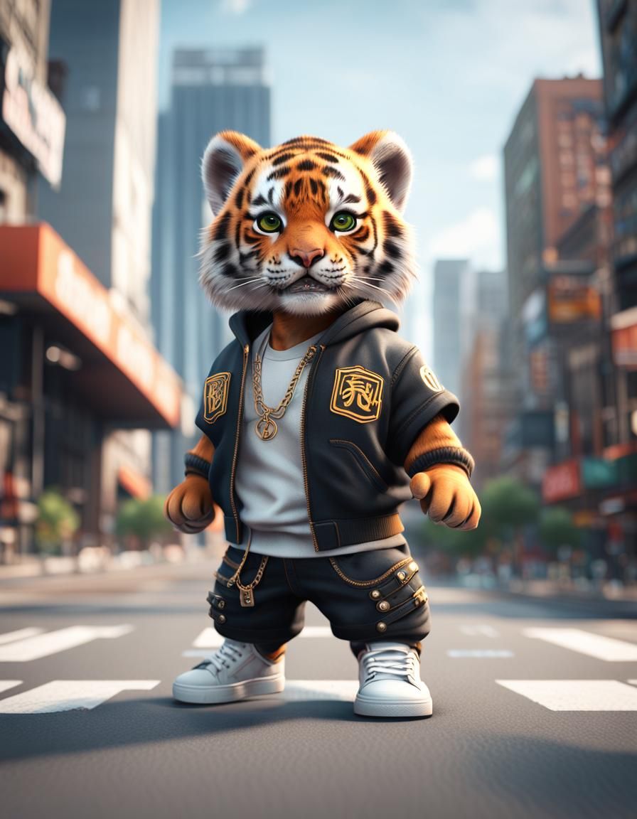 Hyper Realistic Kawaii Tiger in Hip Hop Attire, Urban Landsc...