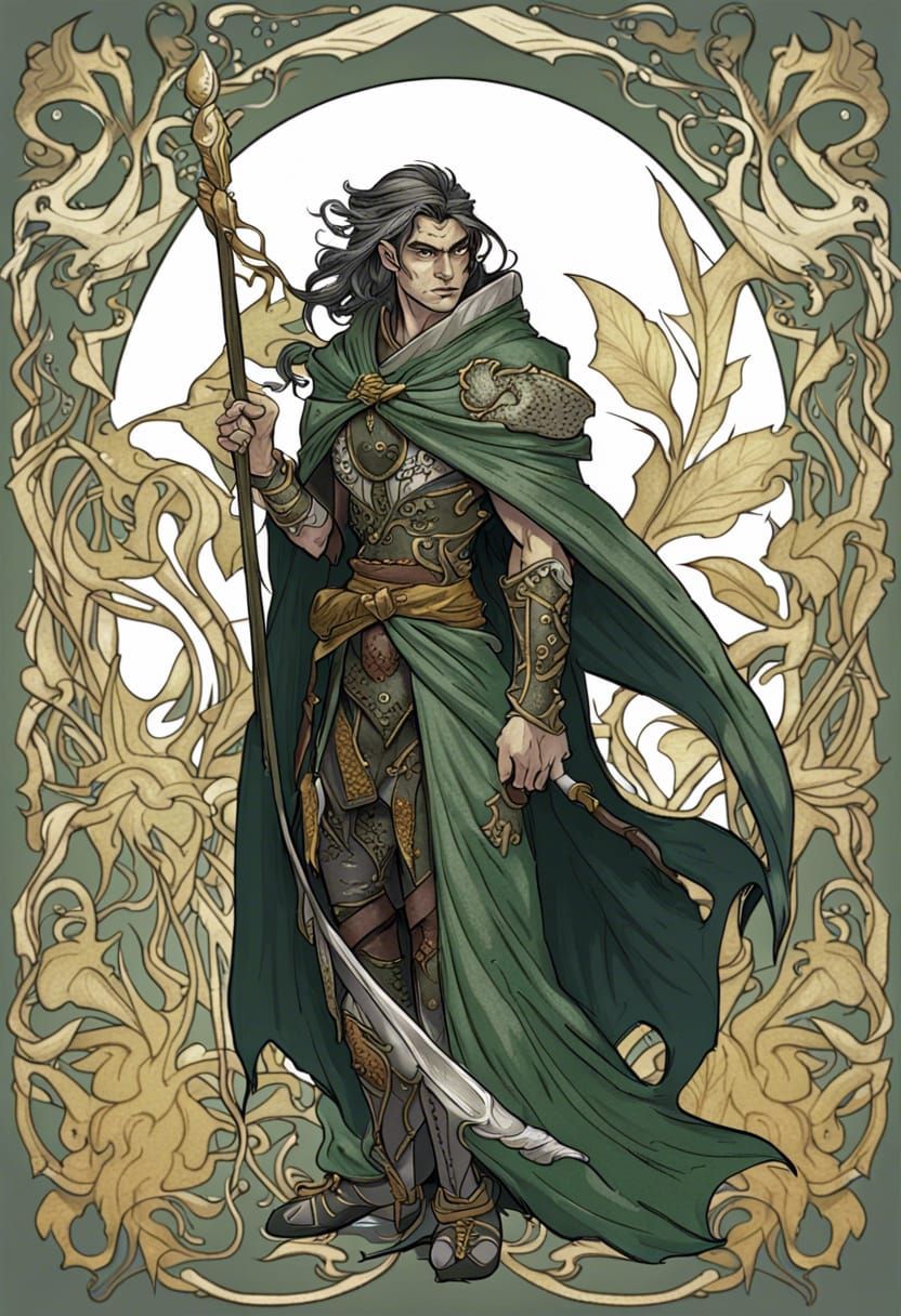 Elegant Dark Fantasy Elf Warrior in Art Nouveau Style