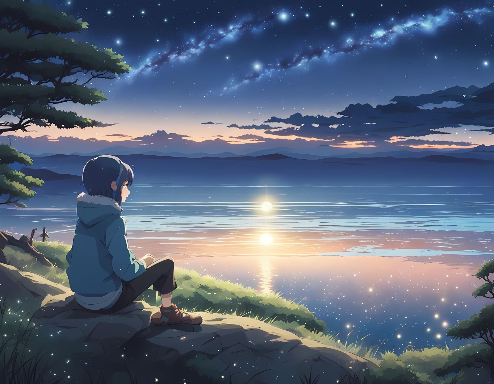 Makoto Shinkai-Inspired Magical Night Scene at the Sea