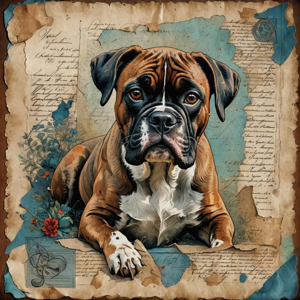 Vintage Folk Art French Boxer Dog in Whimsical Oil Painting