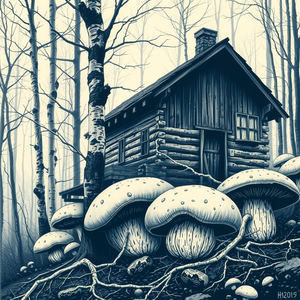 Misty Swedish Cabin Blends into Fungal Forest