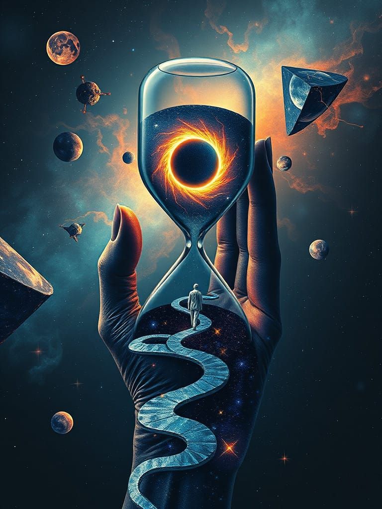 Surrealist Cosmic Hand Holds Mysterious Hourglass