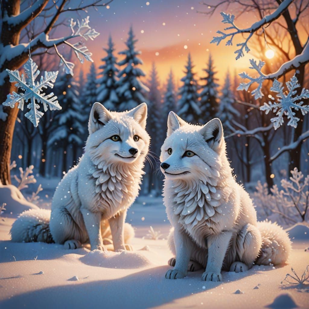 Pixar-Inspired Snow Foxes in Winter Wonderland