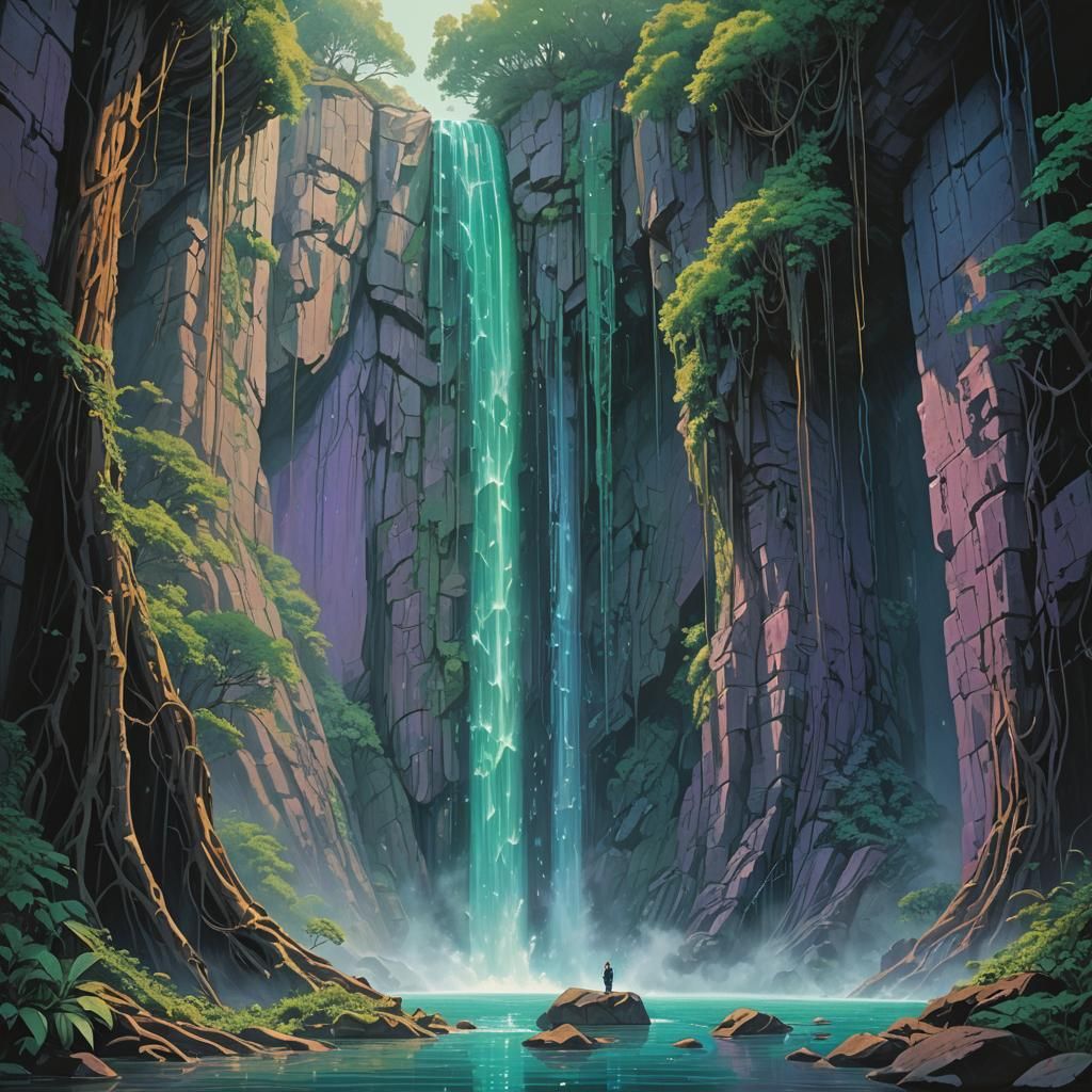 Glowing Glass Waterfall in Ancient Cave