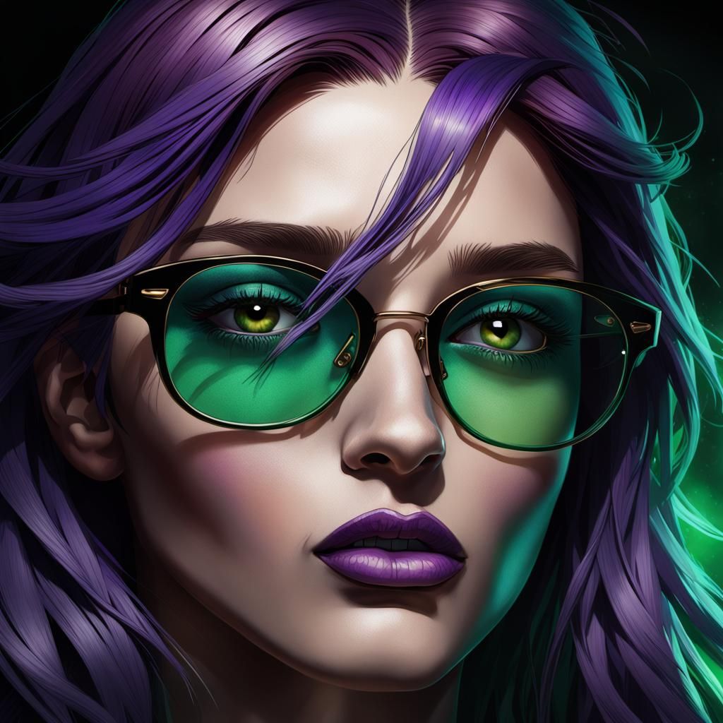 Glowing Portrait of a Young Woman with Wild Purple Hair and....