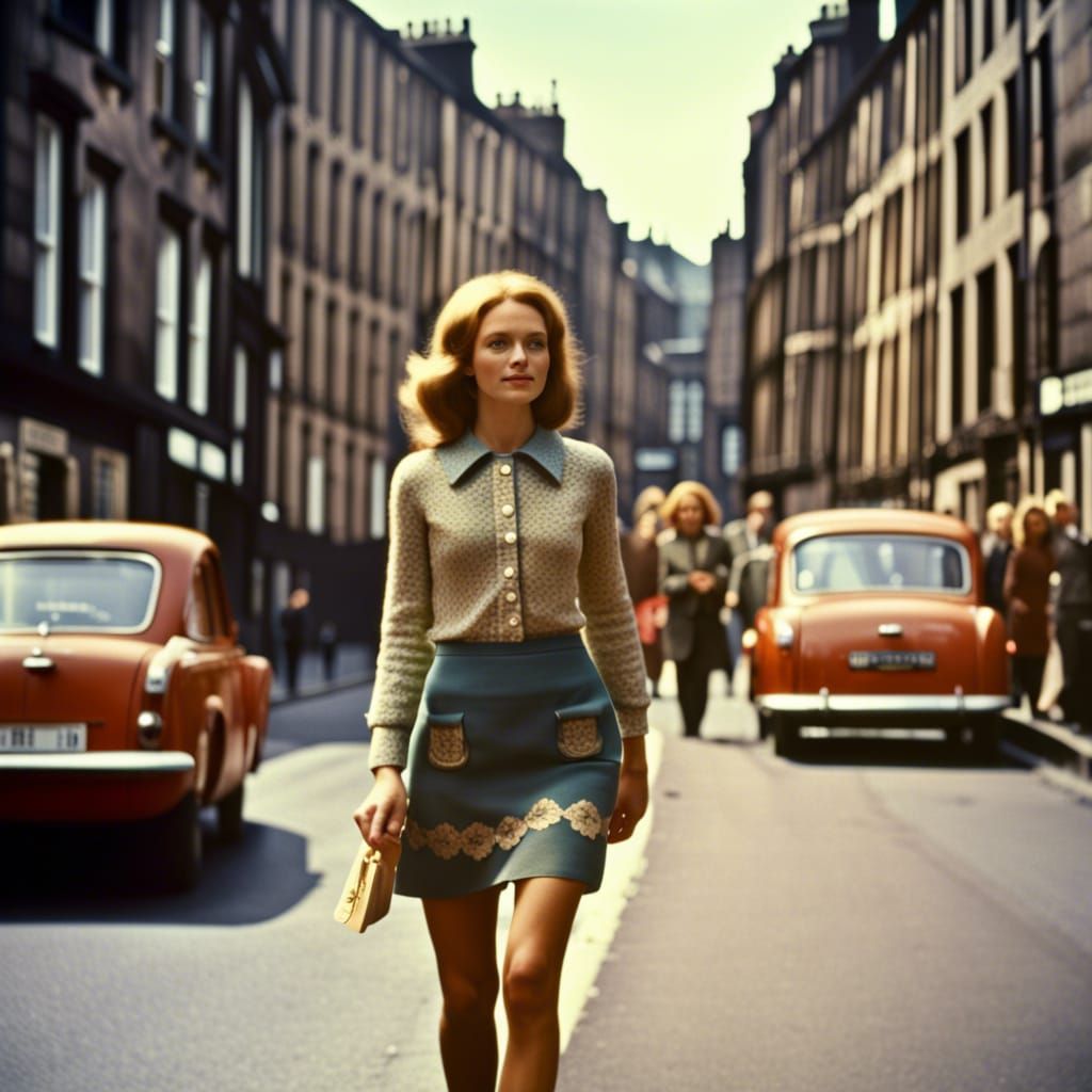 Vintage Fantasy Women Stroll Through Edinburgh Street in Stu...