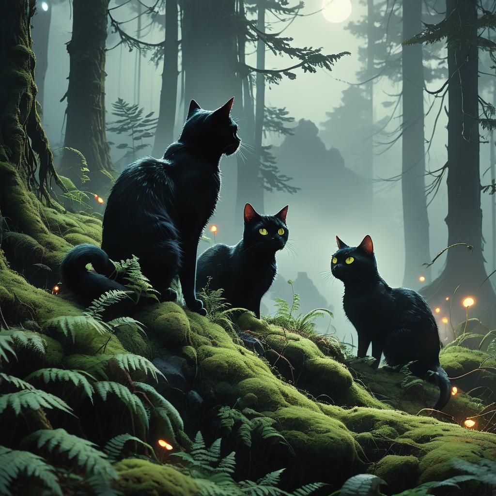 Mystical Black Cats Amidst Whispy Ferns in a Misty Forest
