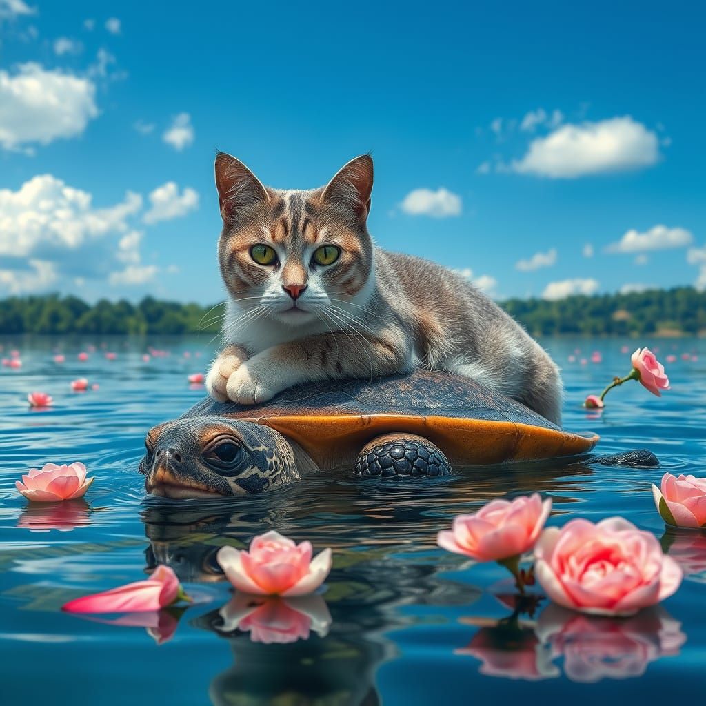 Realistic Feline Scene on Tortoise Back in Serene Lake Lands...