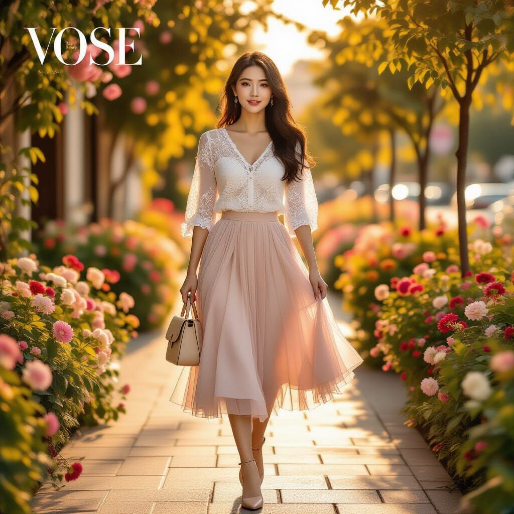 Asian Woman in Lace Blouse at Golden Hour Sunset