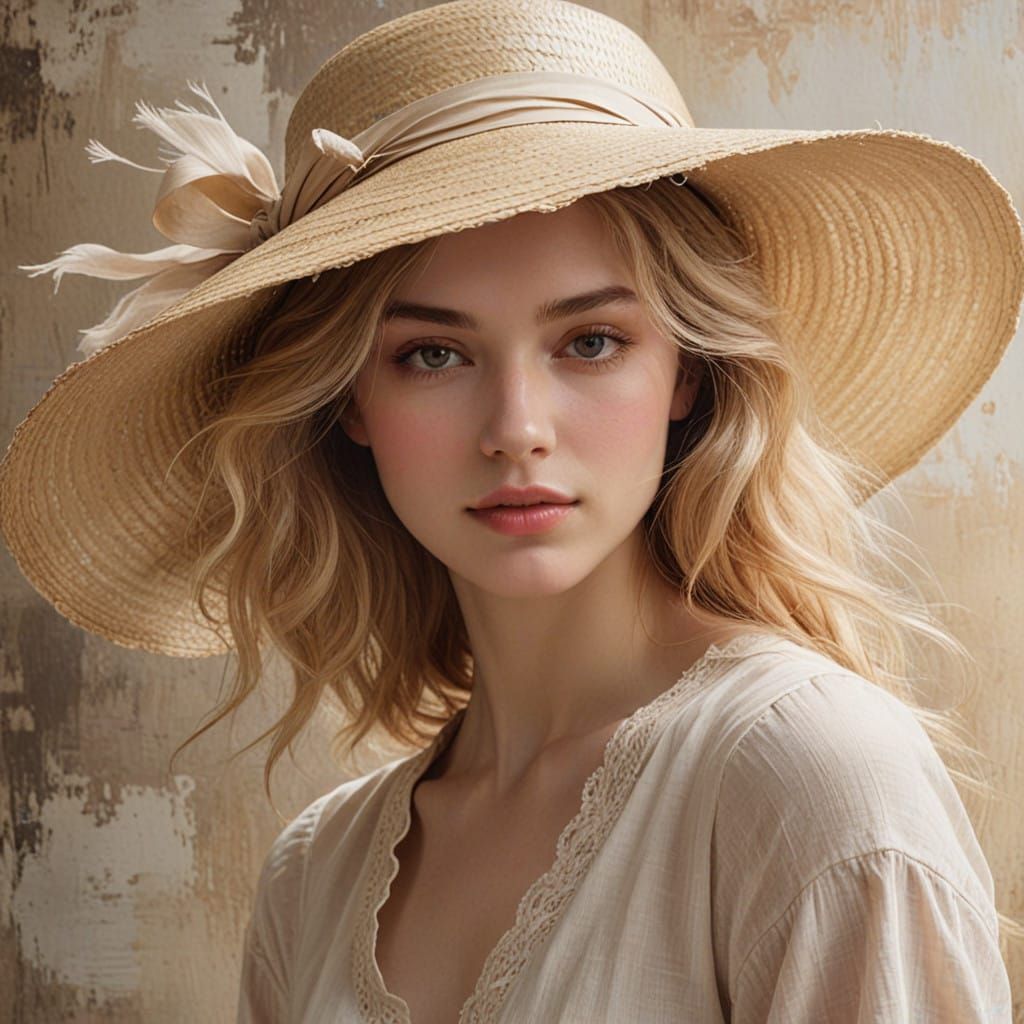 A detailed portrait of a young woman in a romantic style. She gazes downward, evoking a soft and pensive mood. Her golde...