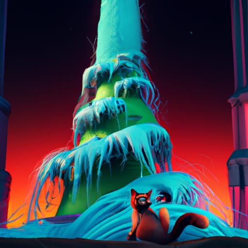 Whimsical Cat Surrounded by Waterfall and Christmas Magic