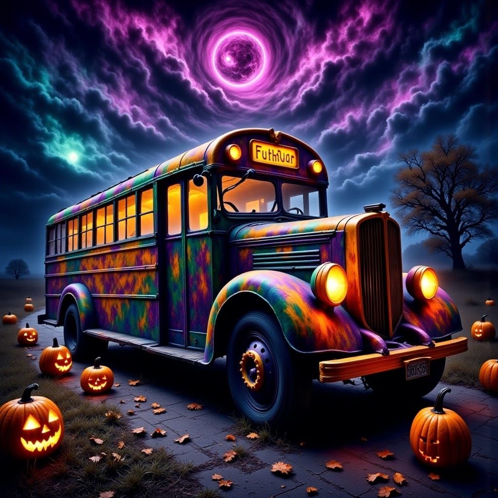 Psychedelic Cosmic Bus in a Surreal Halloween Nightscape