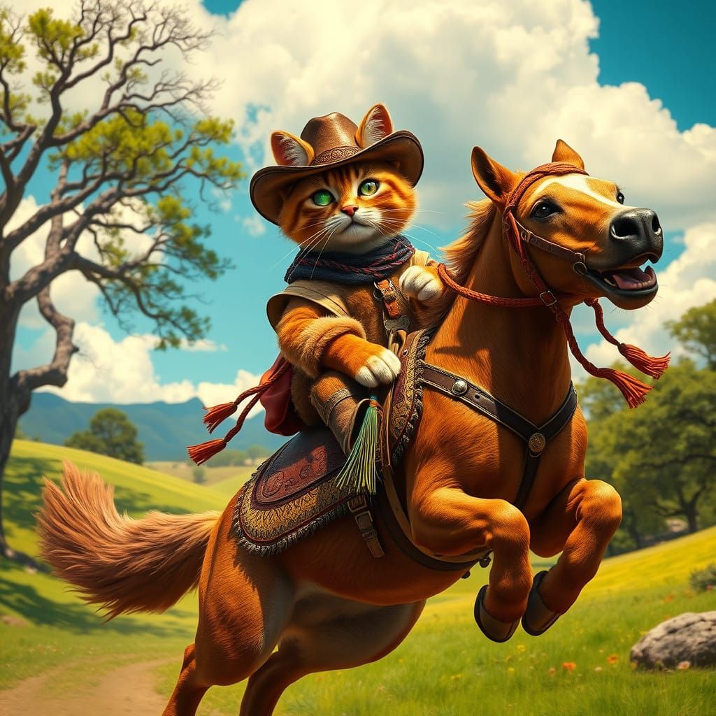 Regal Cat Rides Majestic Dog in Vibrant, Fantastical Landsca...