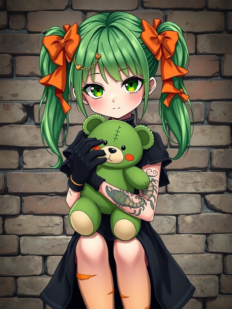 Goth Anime Girl with Green Pigtails and Stitched Bear