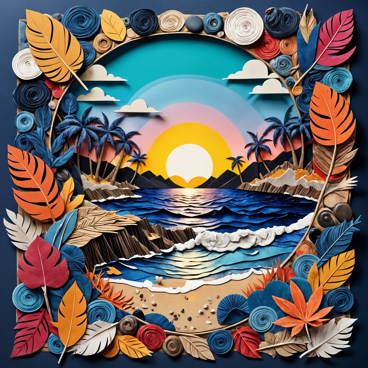 Colorful Summer Seascape Sunset in Mixed Media Collage