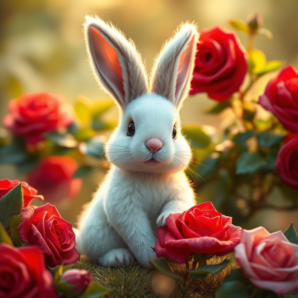 Whimsical Faux Fur Bunny in Enchanted Garden Scene