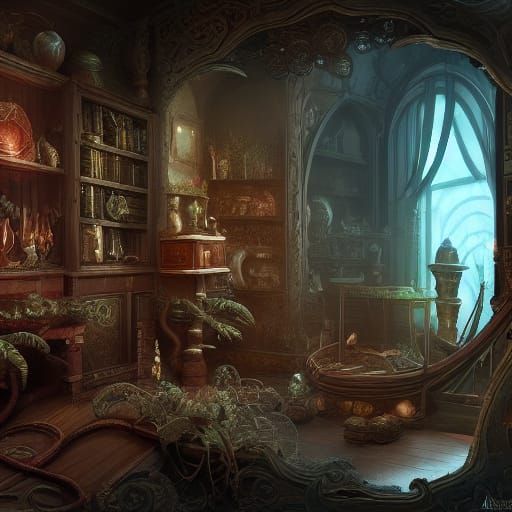 Mysterious Cabinet of Fantastical Wonders in Deep, Lush Colo...