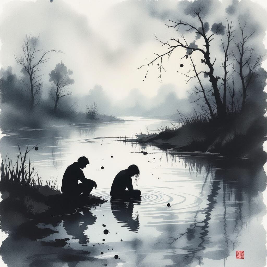 Heartbroken Ink Splatter on Murky River