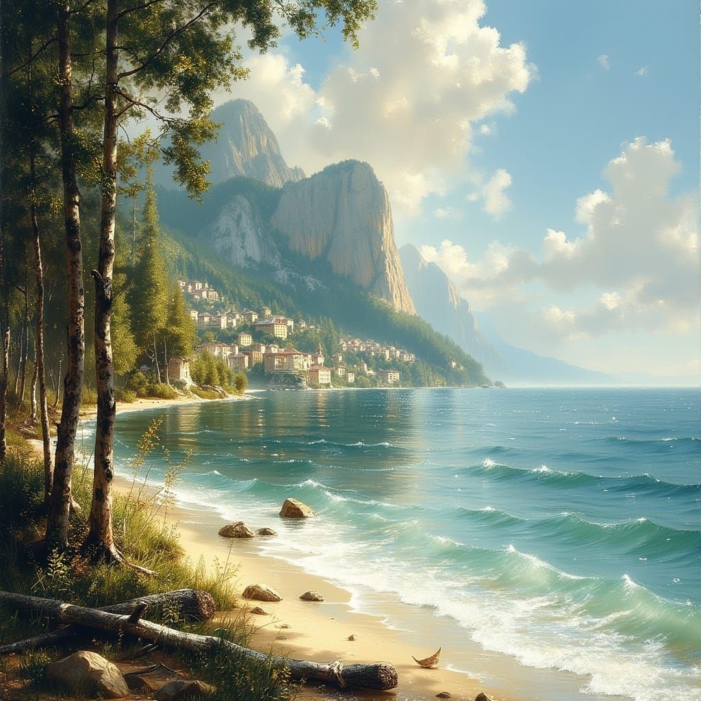 Sci-Fi Book Cover: Coastal Village on Mountain Shore