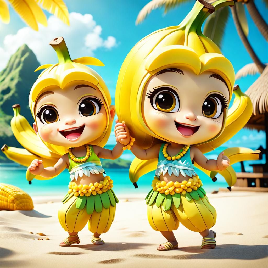 Chibi Bananas Dance on Tropical Beach in Vibrant Cartoon Sty...