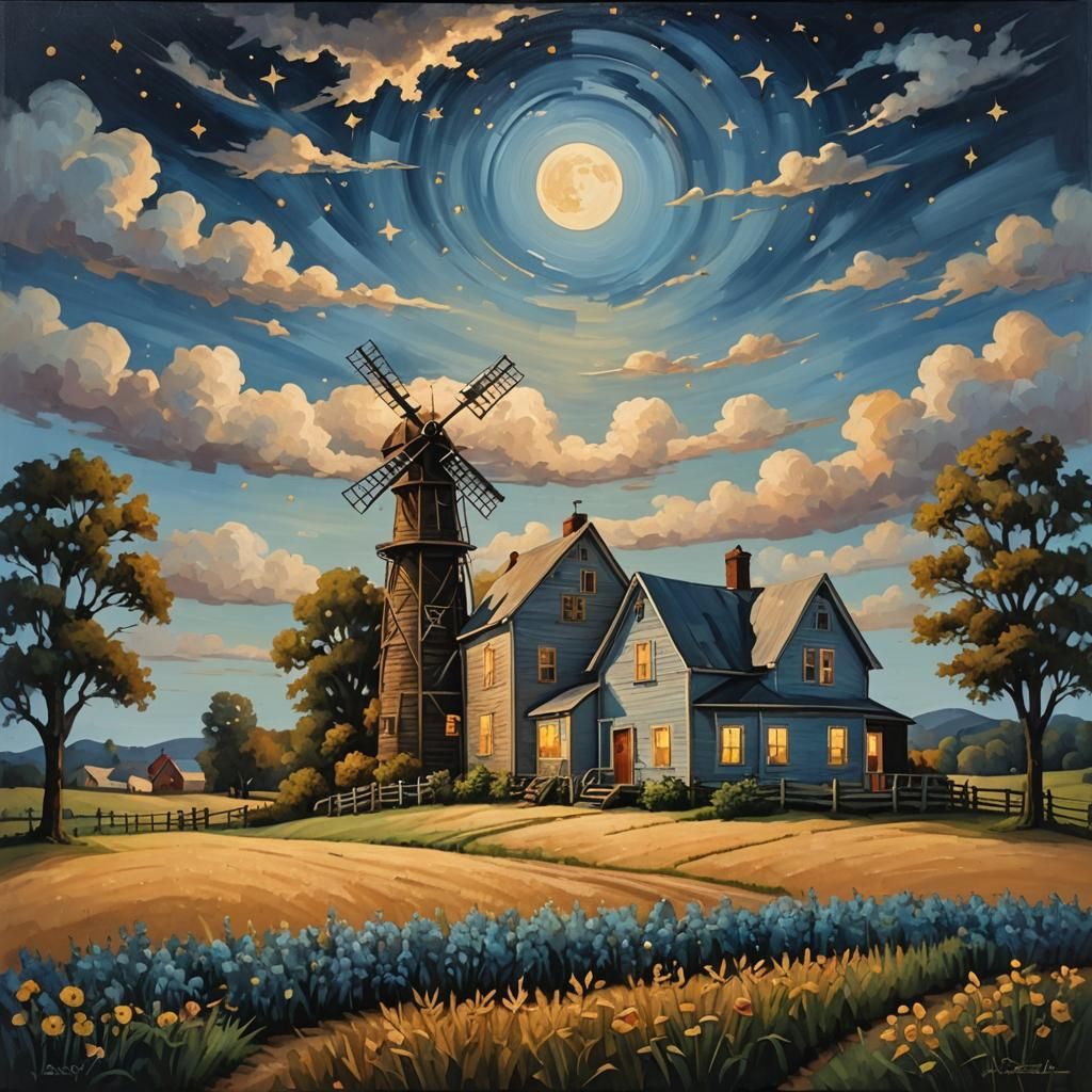 Idyllic Harvest Moonlit Folk Art Scene with Farmhouse and Si...