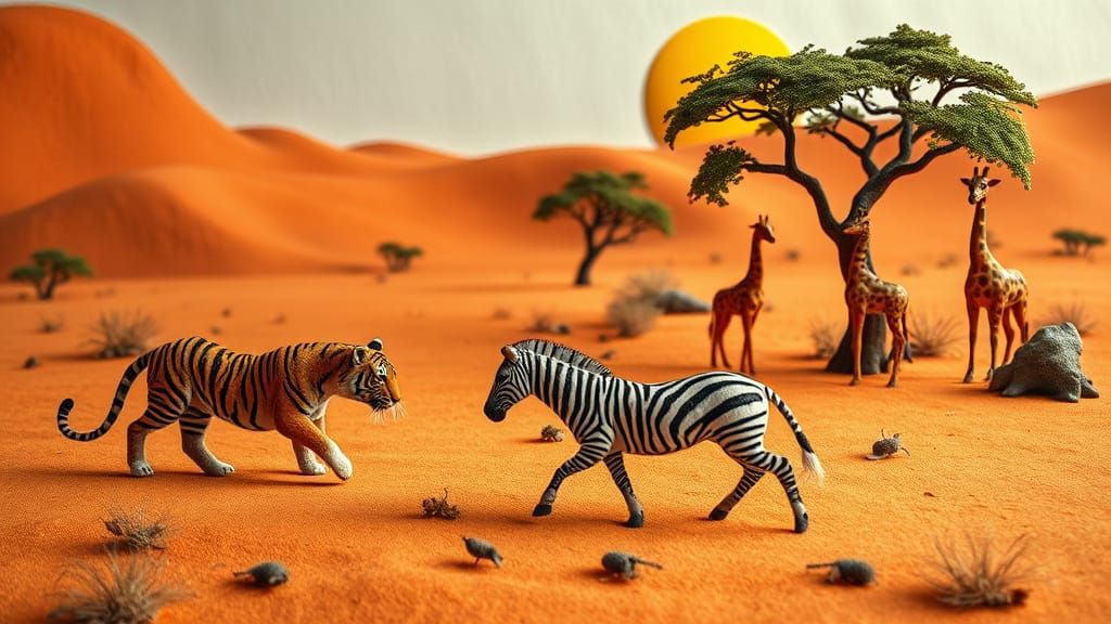 Felt Tiger Hunts Zebra in African Desert Scene