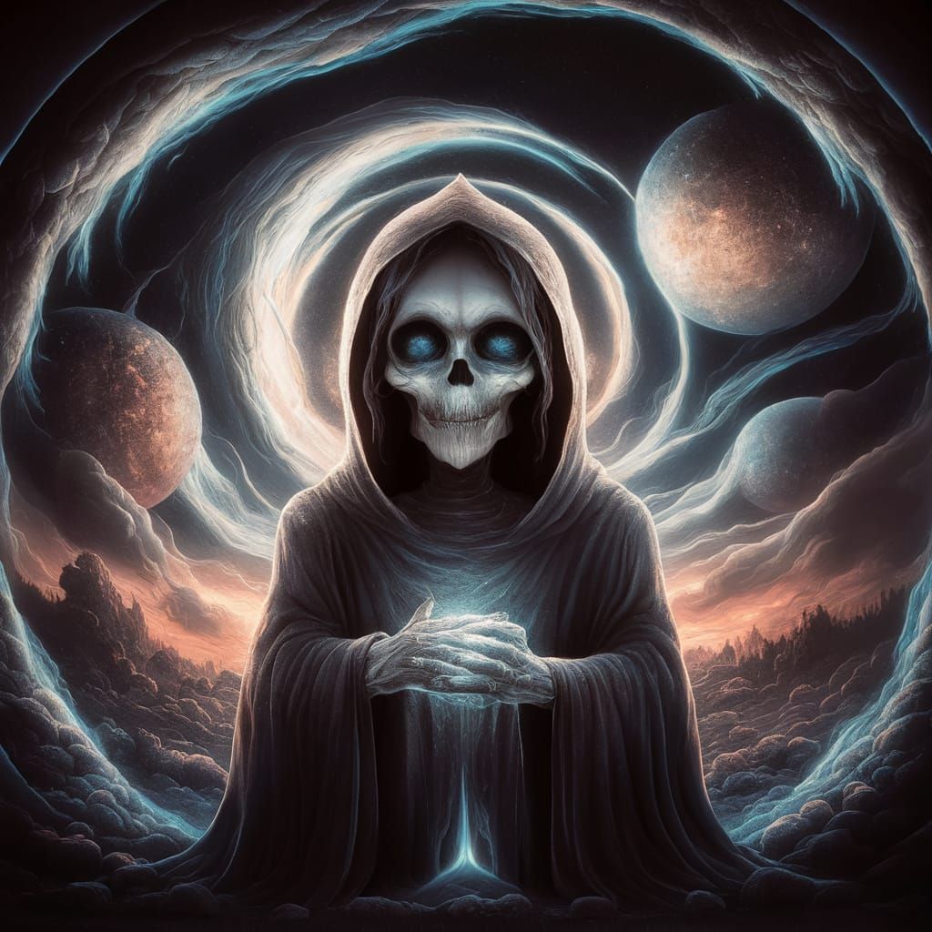 A pastel watercolour portrait painting of the hooded grim re...