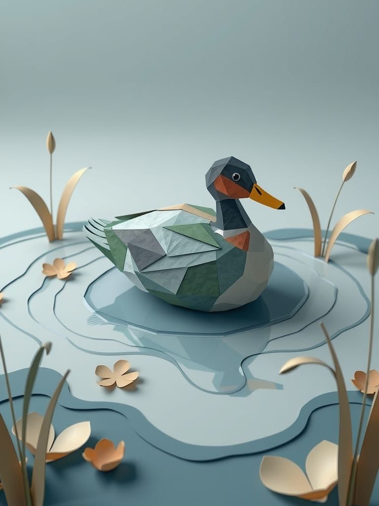 Whimsical Papercraft Duck in Serene Pond Setting
