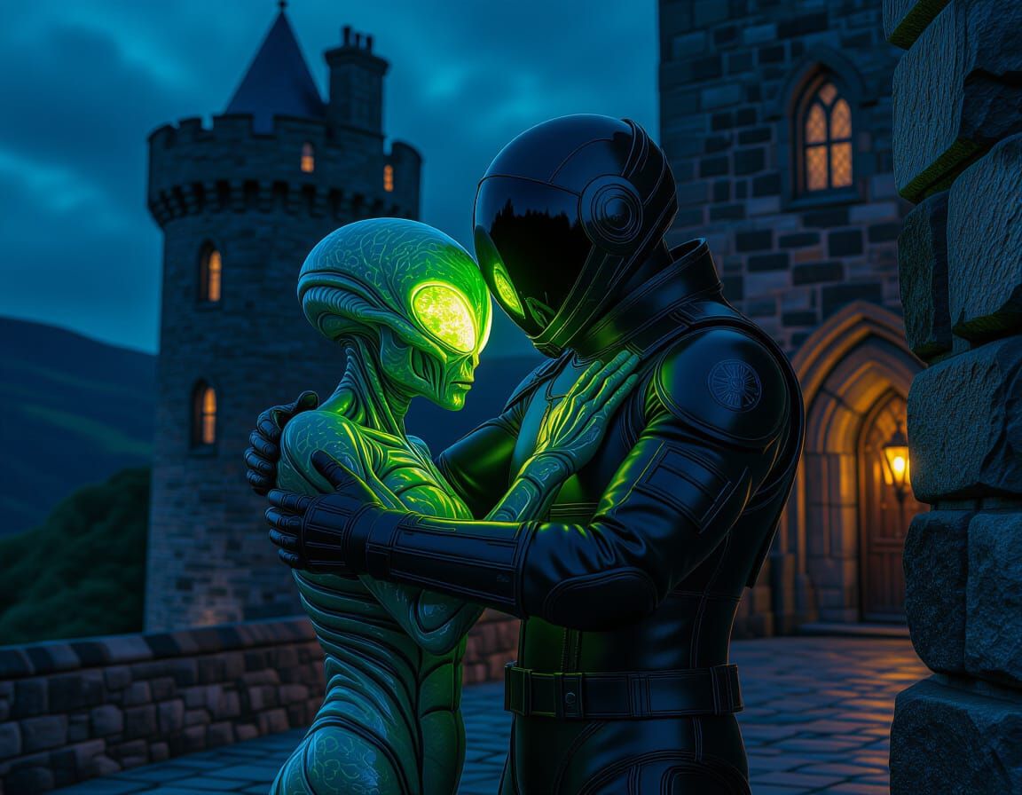 Spaceman and Alien Embrace Before Tower House