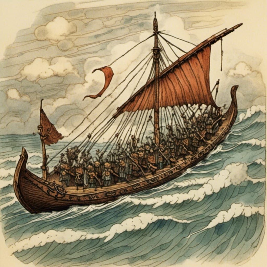 Viking Longboat with Dragon Figurehead in Cyberpunk Style