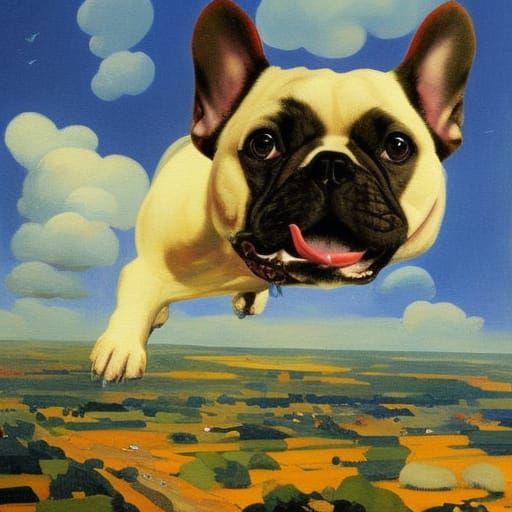 French Bulldog soars over Futuristic St. Helens Island