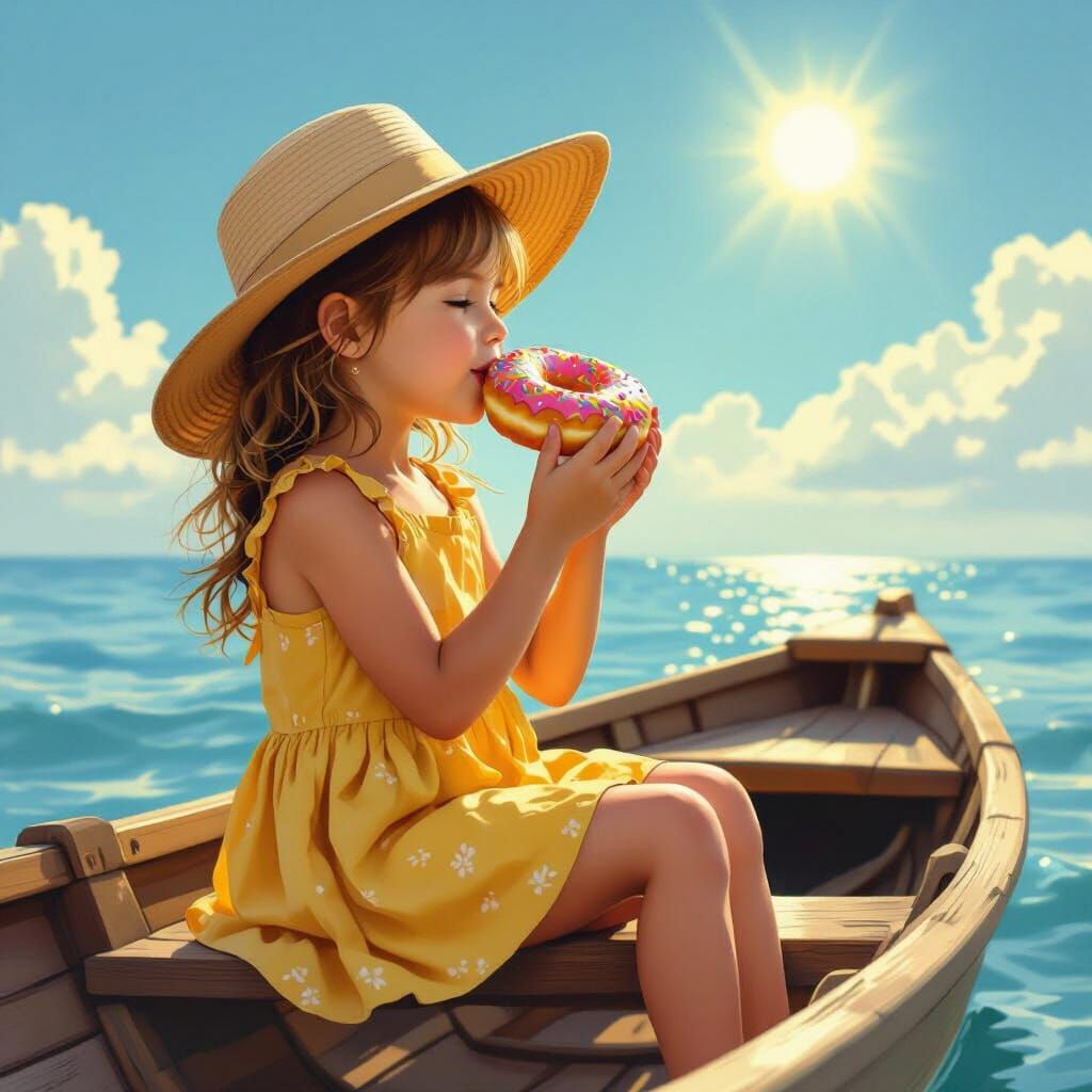 Girl on Boat with Donut in Wildlife Art Style