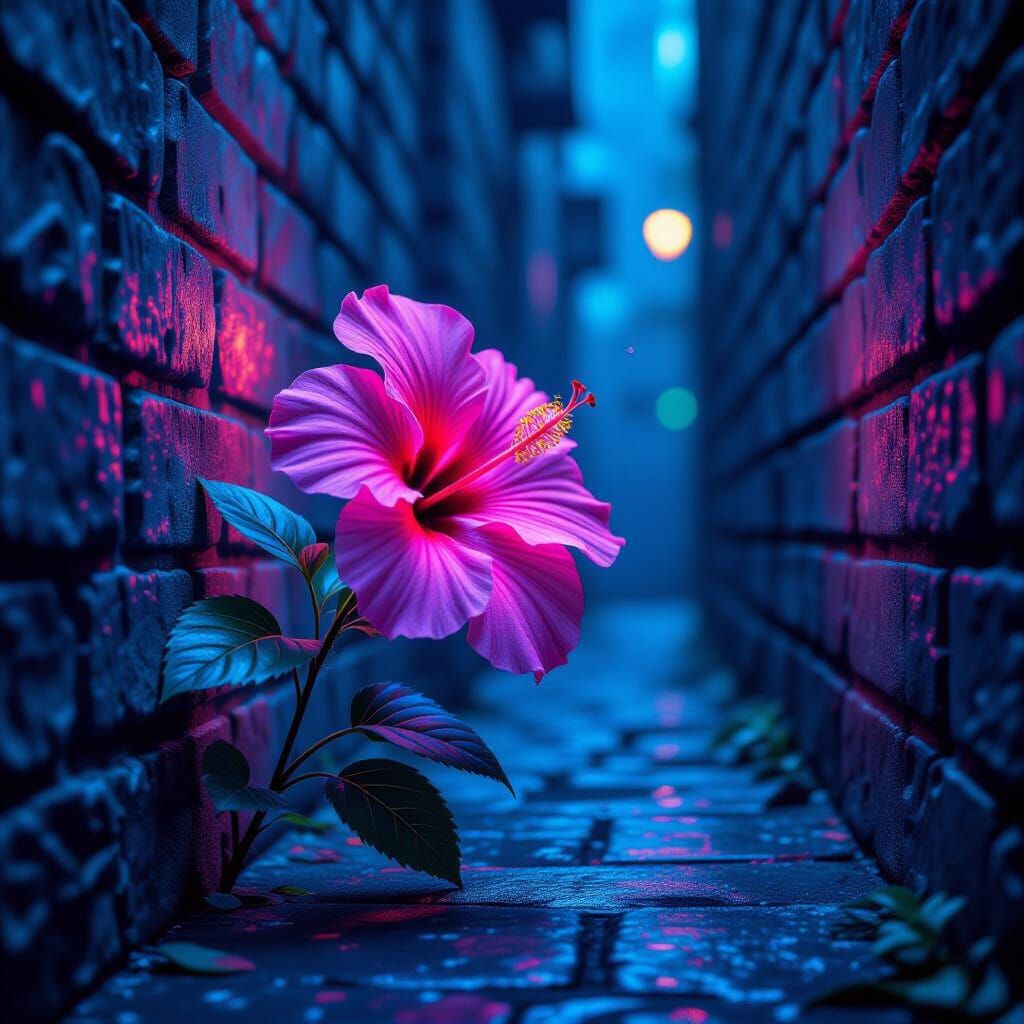 Bioluminescent Hibiscus in Neon Alleyway