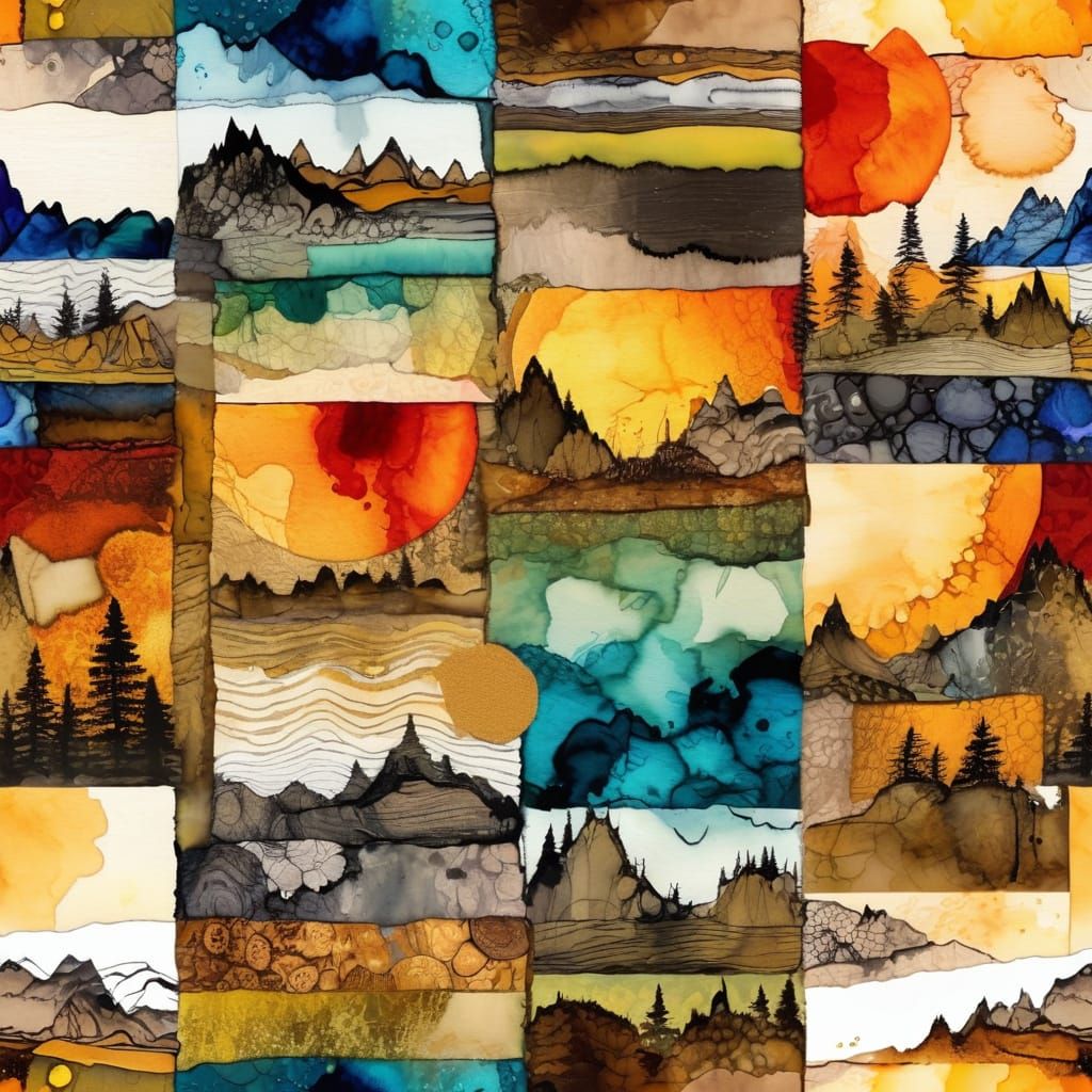 Vibrant Collage Landscape in Resplendent Inkwash Style