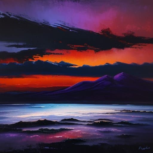 Impasto Painting of Dramatic Twilight Landscape