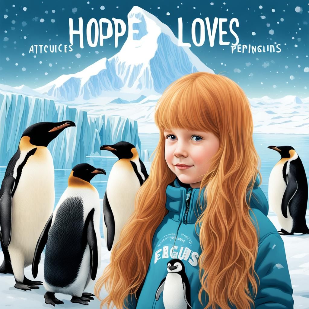 Strawberry Blonde Girl in Antarctica with Penguin