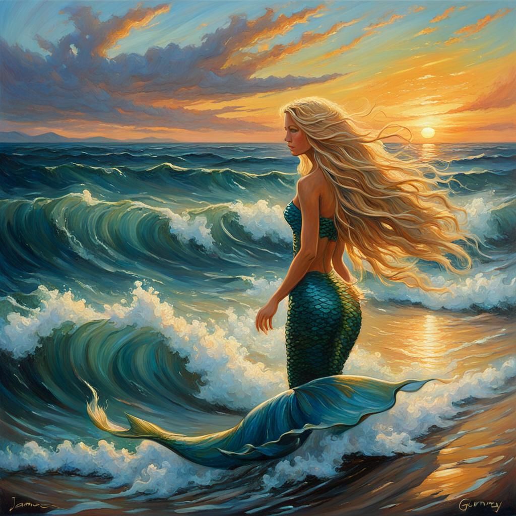 Ethereal Sunset Mermaid with Long Blonde Hair