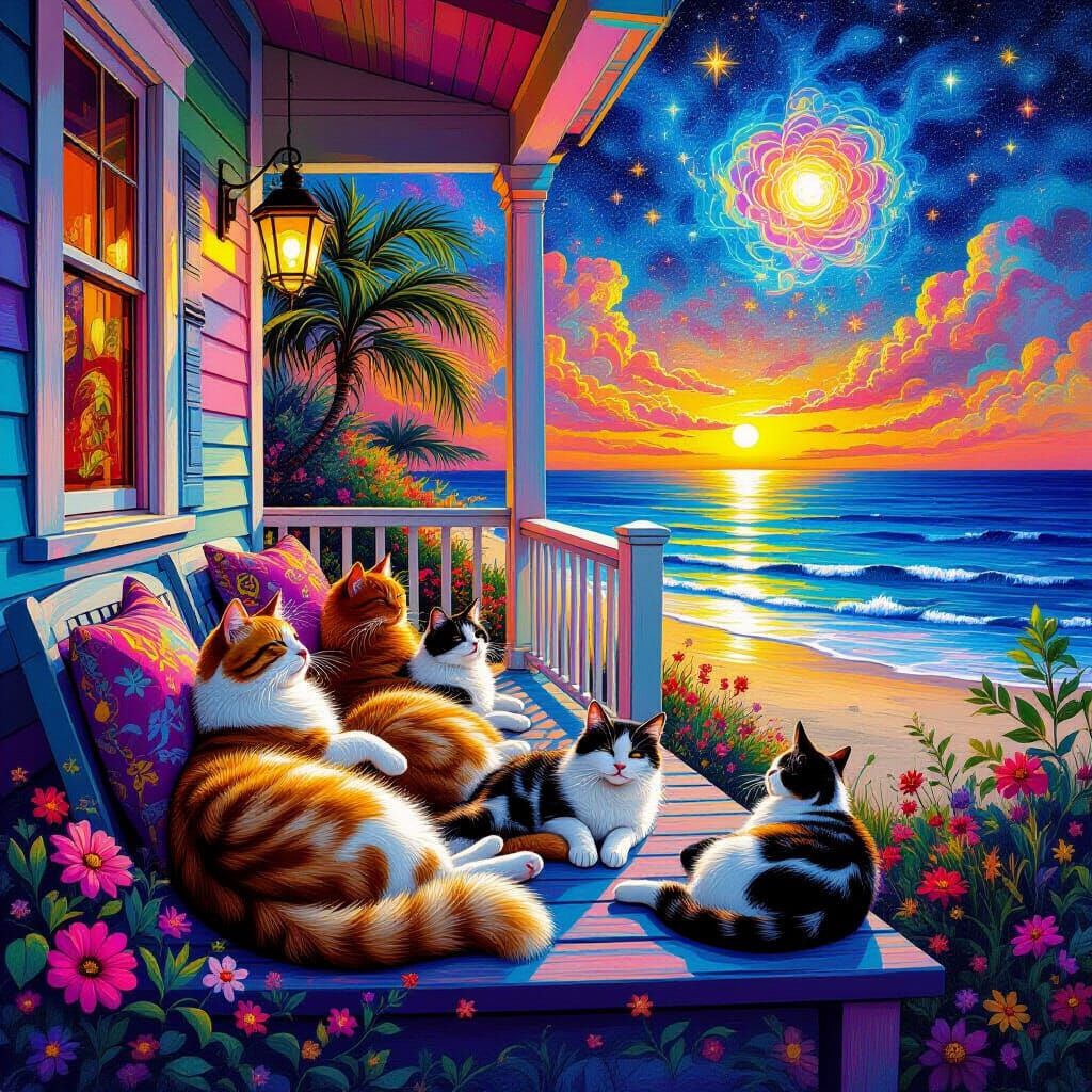 Cats Relaxing on Colorful Beach Cottage Porch