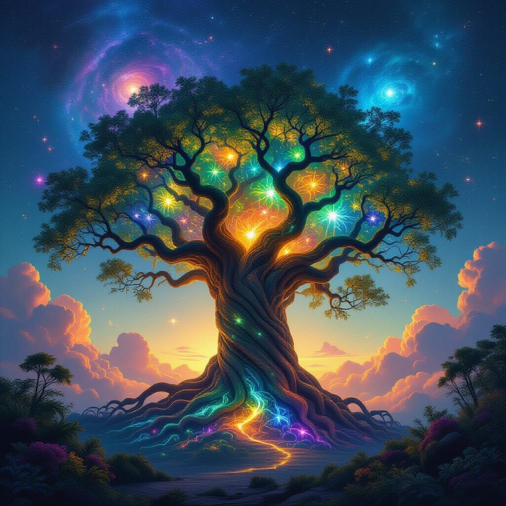 Ancient Cosmic Tree with Bioluminescent Leaves