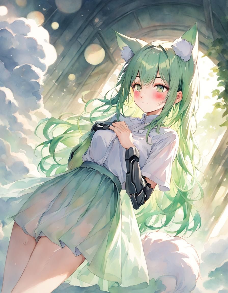 Soft Green Goddess in Whimsical Watercolour Style